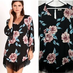 Show Me Your Mumu Rodeo Black With Pink Roses SZ Small Sheath Fringed Hem Wrists